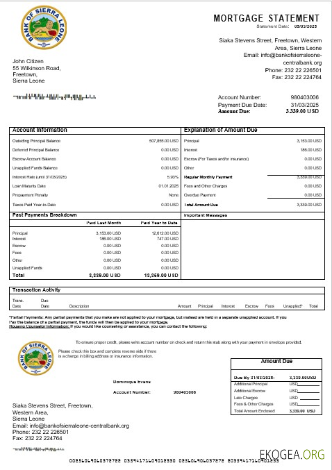 Relevé d'hypothèque bancaire de la Sierra Leone Bank of Sierra Leone aux formats Word et PDF